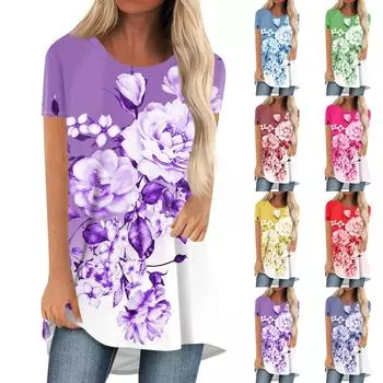 Женские модные повседневные свободные удобные топы с короткими рукавами и круглым вырезом с принтом S синий