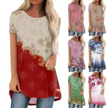 Женские модные повседневные свободные удобные топы с короткими рукавами и круглым вырезом с принтом L синий