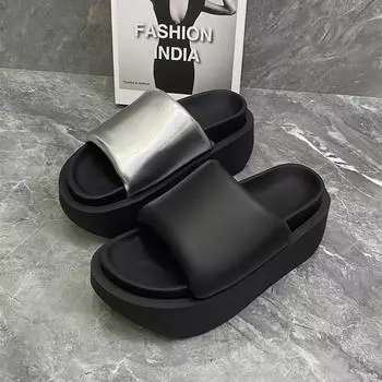 Женские модные повседневные тапочки на танкетке 7 см, уличные и домашние шлепанцы из кожи, мягкие шлепанцы на толстой подошве, нескользящие сандалии для девочек 35 чёрный