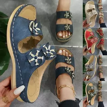 Женские модные повседневные тапочки на танкетке с цветочным принтом на платформе Уличная обувь 37