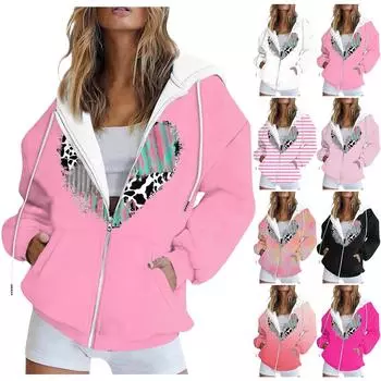 Женские модные повседневные толстовки с длинным рукавом и принтом на молнии, пальто с карманом M разноцветный