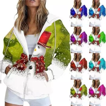 Женские модные повседневные толстовки с длинным рукавом и рождественским принтом снеговика, толстовки на молнии, пальто с карманом XXL киноварь