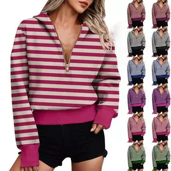 Женские модные повседневные толстовки с длинными рукавами, полумолнией, лацканами, полосатым принтом и карманом L чёрный