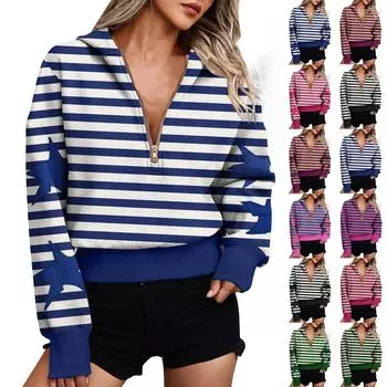 Женские модные повседневные толстовки с длинными рукавами, полумолнией, лацканами, полосатым принтом и карманом L чёрный