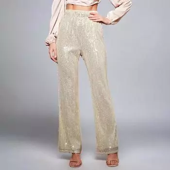 Женские модные повседневные тонкие брюки с высокой талией, однотонные широкие брюки с пайетками L