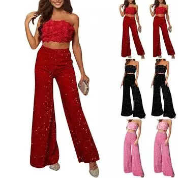 Женские модные повседневные тонкие брюки с высокой талией, однотонные широкие брюки с пайетками L чёрный