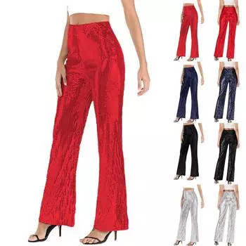 Женские модные повседневные тонкие брюки с высокой талией, однотонные широкие брюки с пайетками L чёрный