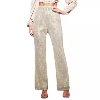 Женские модные повседневные тонкие брюки с высокой талией, однотонные широкие брюки с пайетками L