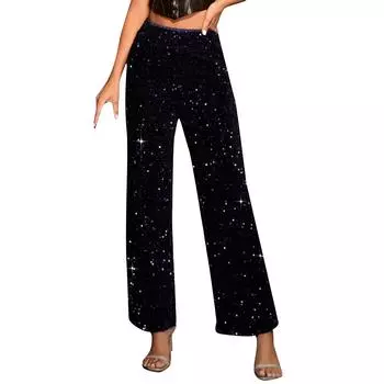 Женские модные повседневные тонкие брюки с высокой талией, однотонные широкие брюки с пайетками L темно-синий