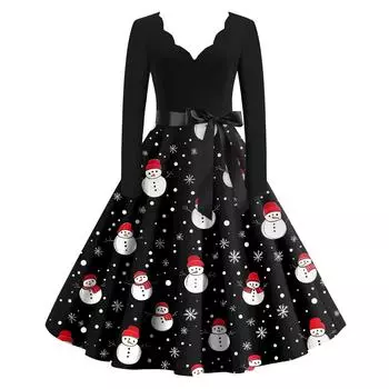 Женские модные повседневные тонкие рождественские платья с длинным рукавом с v-образным вырезом и принтом XL чёрный