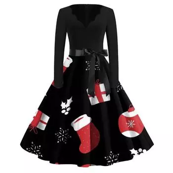 Женские модные повседневные тонкие рождественские платья с длинным рукавом с v-образным вырезом и принтом S