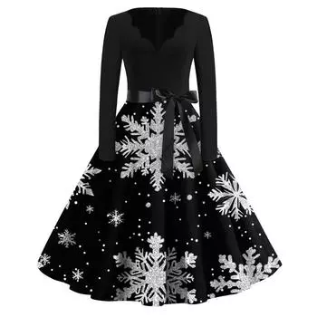 Женские модные повседневные тонкие рождественские платья с длинным рукавом с v-образным вырезом и принтом L чёрный