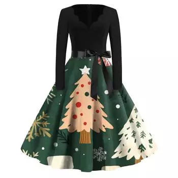 Женские модные повседневные тонкие рождественские платья с длинным рукавом с v-образным вырезом и принтом L армия зеленый