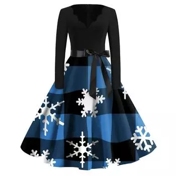 Женские модные повседневные тонкие рождественские платья с длинным рукавом с v-образным вырезом и принтом L синий