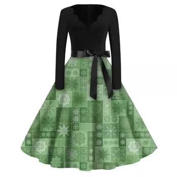 Женские модные повседневные тонкие рождественские платья с длинным рукавом с v-образным вырезом и принтом L темно-зеленого