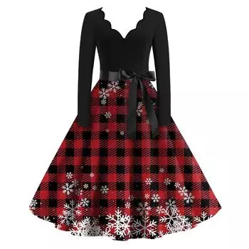 Женские модные повседневные тонкие рождественские платья с длинным рукавом с v-образным вырезом и принтом XL красный