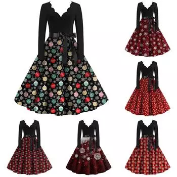 Женские модные повседневные тонкие рождественские платья с длинным рукавом с v-образным вырезом и принтом XL чёрный
