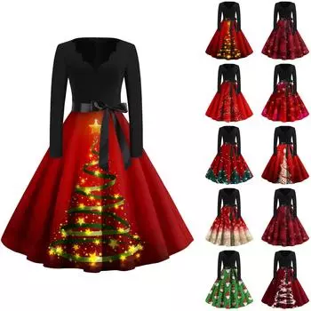 Женские модные повседневные тонкие рождественские платья с длинным рукавом с v-образным вырезом и принтом XXXXL