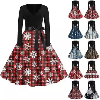 Женские модные повседневные тонкие рождественские платья с длинным рукавом с v-образным вырезом и принтом M