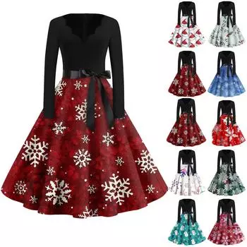 Женские модные повседневные тонкие рождественские платья с длинным рукавом с v-образным вырезом и принтом XXXXXL