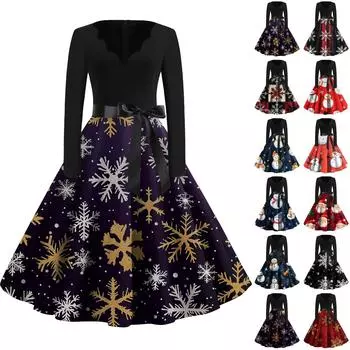 Женские модные повседневные тонкие рождественские платья с длинным рукавом с v-образным вырезом и принтом L чёрный