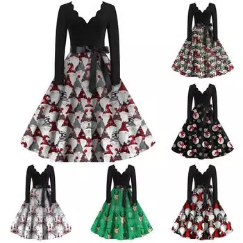 Женские модные повседневные тонкие рождественские платья с длинным рукавом с v-образным вырезом и принтом XXXL зелёный