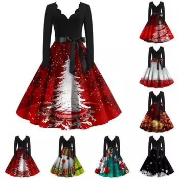 Женские модные повседневные тонкие рождественские платья с длинным рукавом с v-образным вырезом и принтом XXL чёрный