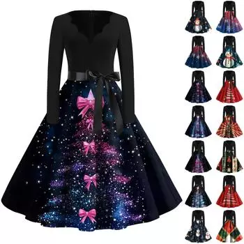 Женские модные повседневные тонкие рождественские платья с длинным рукавом с v-образным вырезом и принтом S киноварь