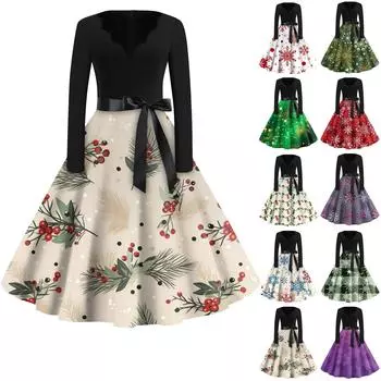 Женские модные повседневные тонкие рождественские платья с длинным рукавом с v-образным вырезом и принтом XXXXXL бежевый