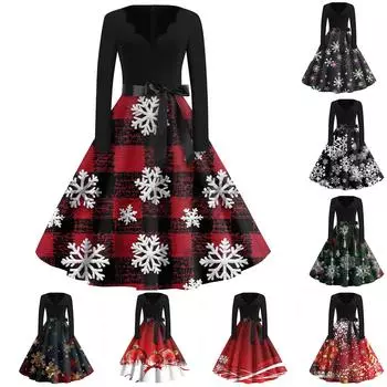 Женские модные повседневные тонкие рождественские платья с длинным рукавом с v-образным вырезом и принтом XXXL