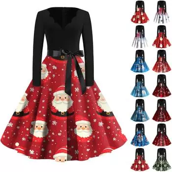 Женские модные повседневные тонкие рождественские платья с длинным рукавом с v-образным вырезом и принтом L армия зеленый