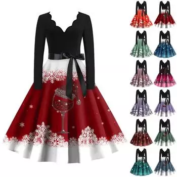 Женские модные повседневные тонкие рождественские платья с длинным рукавом с v-образным вырезом и принтом XXL