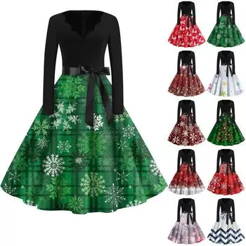 Женские модные повседневные тонкие рождественские платья с длинным рукавом с v-образным вырезом и принтом L темно-зеленого