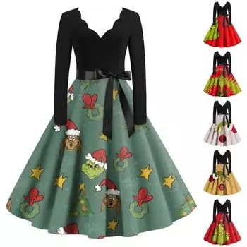 Женские модные повседневные тонкие рождественские платья с длинным рукавом с v-образным вырезом и принтом M