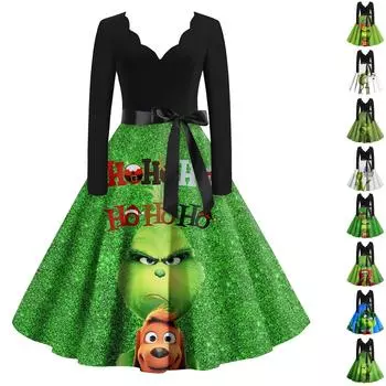 Женские модные повседневные тонкие рождественские платья с длинным рукавом с v-образным вырезом и принтом L