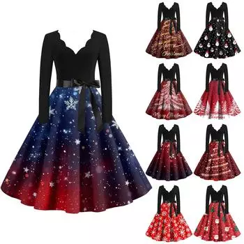 Женские модные повседневные тонкие рождественские платья с длинным рукавом с v-образным вырезом и принтом L чёрный