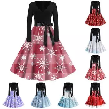 Женские модные повседневные тонкие рождественские платья с длинным рукавом с v-образным вырезом и принтом XXL фиолетовый