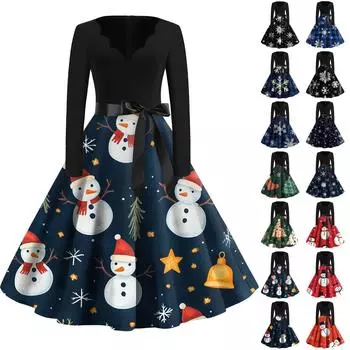 Женские модные повседневные тонкие рождественские платья с длинным рукавом с v-образным вырезом и принтом M белый