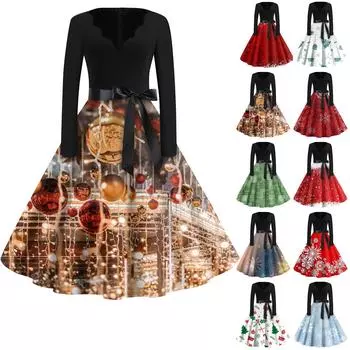 Женские модные повседневные тонкие рождественские платья с длинным рукавом с v-образным вырезом и принтом XL красный