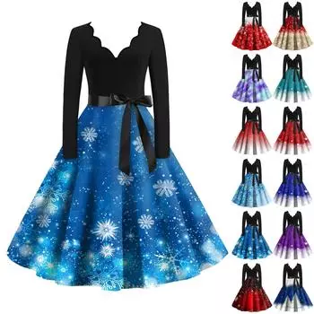 Женские модные повседневные тонкие рождественские платья с длинным рукавом с v-образным вырезом и принтом XL