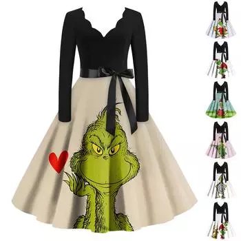 Женские модные повседневные тонкие рождественские платья с длинным рукавом с v-образным вырезом и принтом XL белый