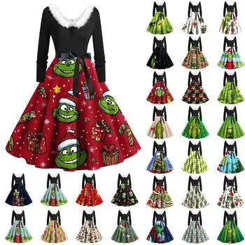 Женские модные повседневные тонкие рождественские платья с длинным рукавом с v-образным вырезом и принтом S