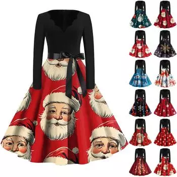 Женские модные повседневные тонкие рождественские платья с длинным рукавом с v-образным вырезом и принтом XXXXXL
