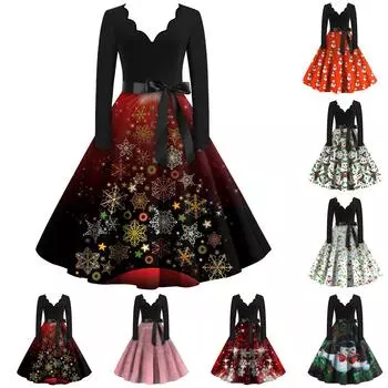Женские модные повседневные тонкие рождественские платья с длинным рукавом с v-образным вырезом и принтом XXL чёрный