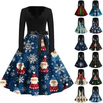 Женские модные повседневные тонкие рождественские платья с длинным рукавом с v-образным вырезом и принтом XXL винный