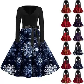 Женские модные повседневные тонкие рождественские платья с длинным рукавом с v-образным вырезом и принтом XXL