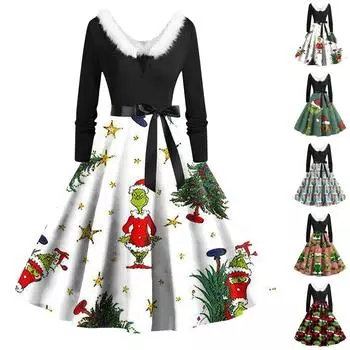 Женские модные повседневные тонкие рождественские платья с длинным рукавом с v-образным вырезом и принтом XXXL