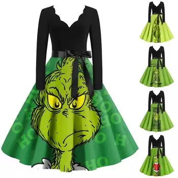 Женские модные повседневные тонкие рождественские платья с длинным рукавом с v-образным вырезом и принтом L