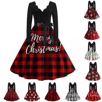Женские модные повседневные тонкие рождественские платья с длинным рукавом с v-образным вырезом и принтом S винный