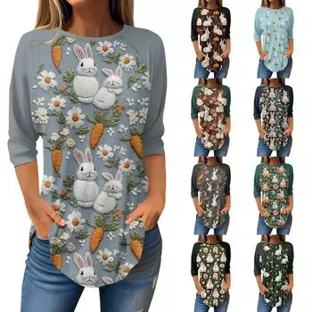 Женские модные повседневные топы для выхода в свет с принтом и рукавом реглан, пуловер с рукавами 3/4, топы с круглым вырезом XL синий